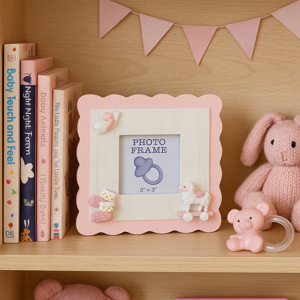 Newborn Baby Girl Photo Frame Gift Pink 3x3 Picture Free Stand Wood 6.5x6.5 Dime